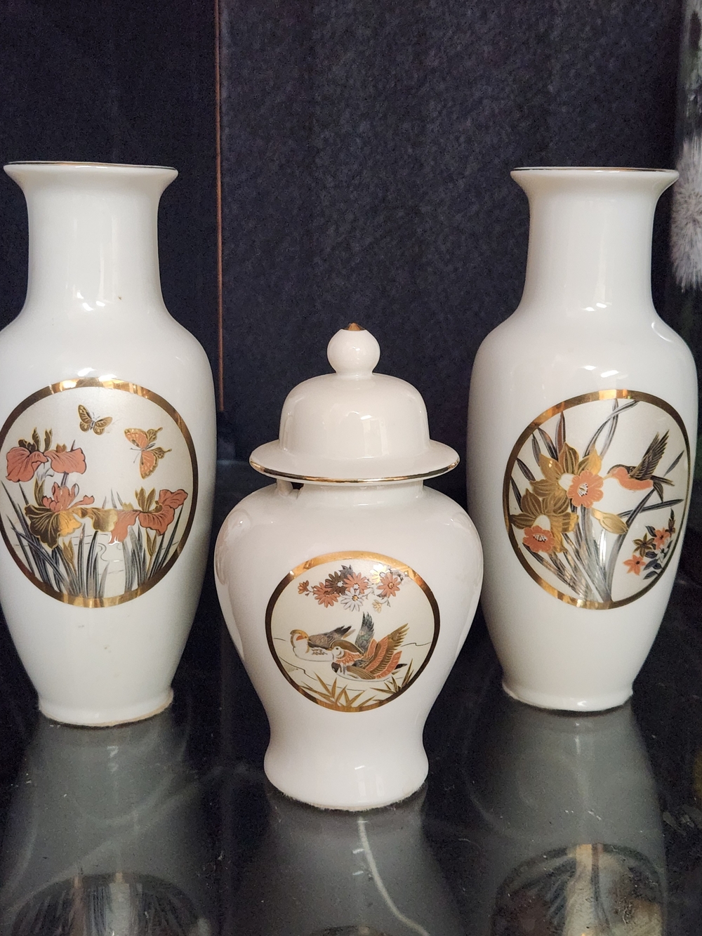 White Porcelain Decorative Vase and Ginger Jar Set with Gold Floral Accents